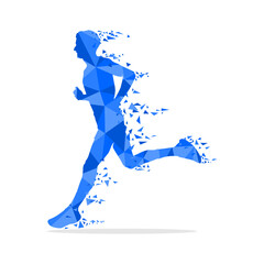 Geometric runner in blue color isolated on white background. Running colorful vector illustration.	
