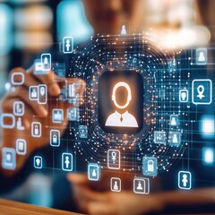 Fototapeta premium Person Interacting with a Glowing Digital Network Interface