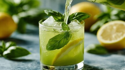 Fototapeta premium Refreshing Green Basil Lemonade Being Poured Into Glass with Fresh Basil Leaves and Lemon Slices