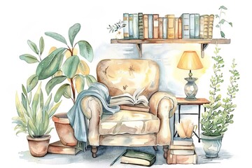 A chair is sitting in front of a bookshelf with a lamp on a table. The chair is covered with a blanket and a book is open on it. The room has a cozy and inviting atmosphere