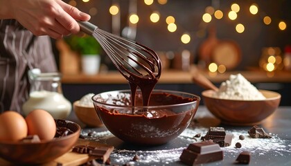 Woman whisking chocolate batter.