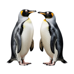 Fototapeta premium Realistic image of two penguins with black and white feathers standing face-to-face isolated transparent background