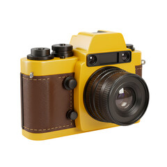 Vintage Yellow 35mm Film Camera with Brown Leather Grip isolated on transparent bacckground
