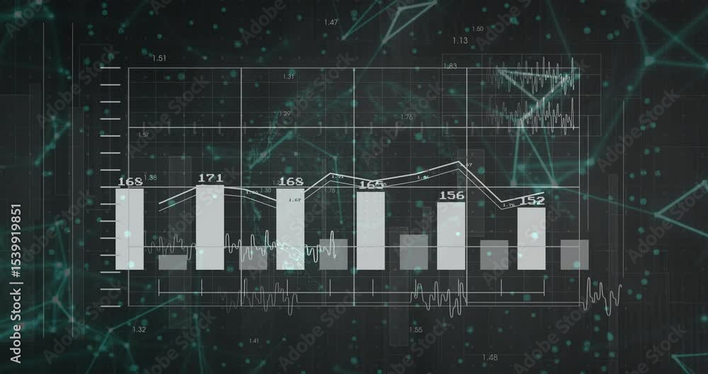 Aufkleber data feed arriving initiating bars forming while line graph animating peaks showing market trends