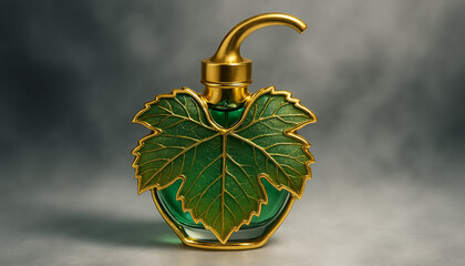 Elegant leaf-shaped green perfume bottle with gold cap and accents on smooth surface with blurred gray background, highlighting natural and luxurious cosmetic design