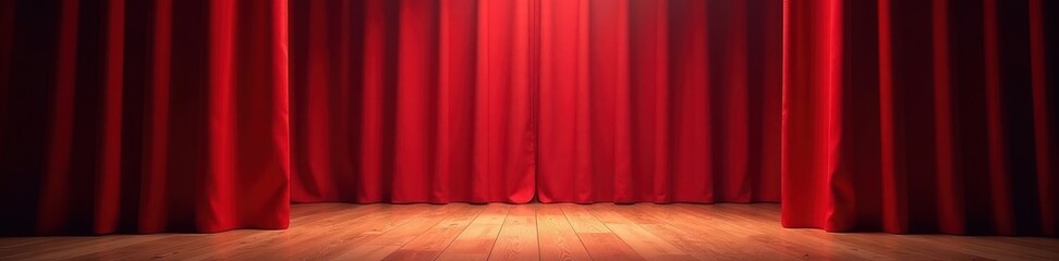 Intense spotlight reveals rich texture of red curtains and warm wooden stage , focus, wood, dramatic