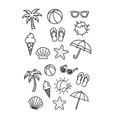 Minimalist Black Line Beach Vacation Doodle Set – Palm Tree, Sunglasses, Flip Flops, Seashell – Hand-Drawn Vector Clipart for Travel & Summer Designs
