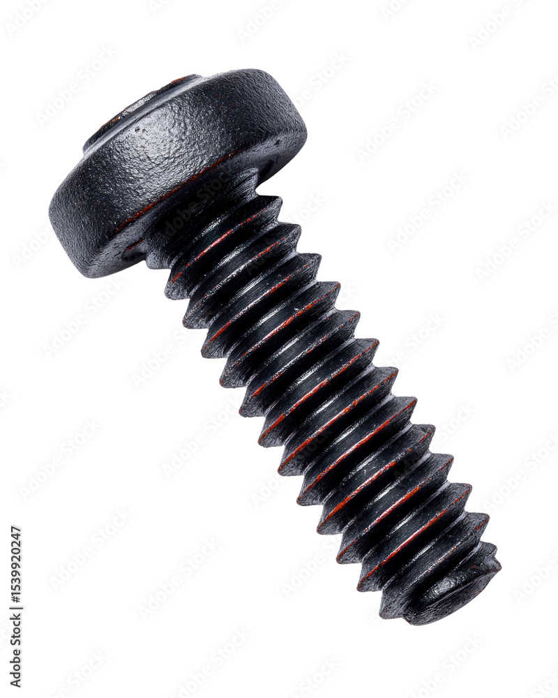Poster close up detailed view of a black metal screw with thread isolated on transparent background