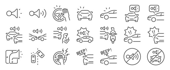 car horn icon set. It included honking, alert, traffic, notification, loud, and more icons. Editable Vector Stroke.