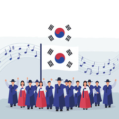 displays the flag of South Korea, featuring a central yin-yang-like symbol (called Taeguk) in red and blue, surrounded by four black trigrams on each corner. It is set against a clear blue sky and flu