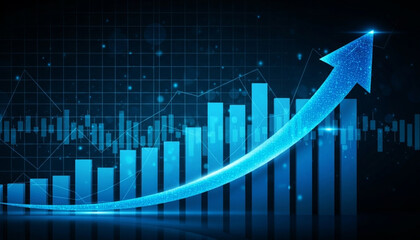 Upward blue arrow on digital graph with glowing data bars and lines over a dark blue grid background, symbolizing business growth, financial success, and technological advancement