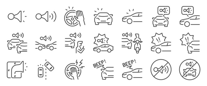 car horn icon set. It included honking, alert, traffic, notification, loud, and more icons. Editable Vector Stroke.