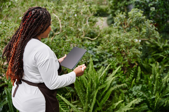 Gardener connects with nature in a vibrant greenhouse filled with lush greenery