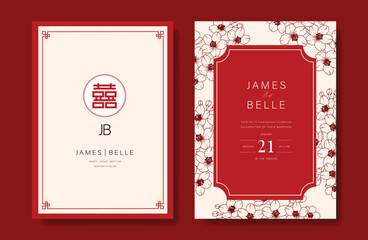 Modern Chinese wedding card vector set. Luxury invitation card design with poppy flower line art on red and beige. Illustration for vip cover, poster, rsvp modern card, Chinese New Year.