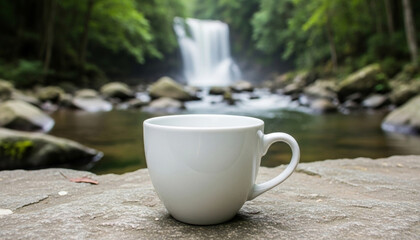 White cup on rocky streamside with lush green trees, waterfall, and natural light creating a peaceful atmosphere with contrast between simplicity and wild nature