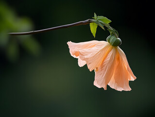 Soft peach flower hanging from thin branch with delicate green leaves against dark blurred background, evoking calm and serene mood