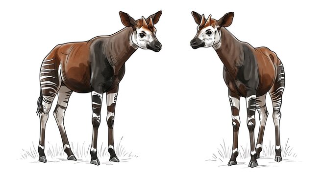 Two detailed illustrations of okapis, facing each other, against a white background.
