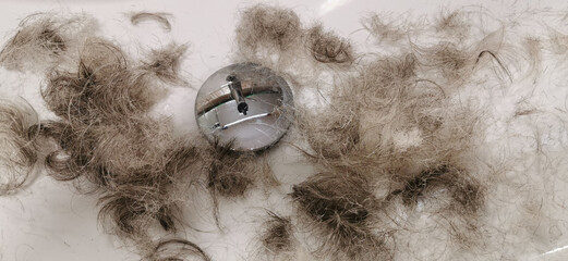 White sink with lots of hair after getting a haircut
