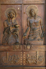 Holy door of St. Maria Maggiore basilica, Rome, Italy. Mary and Jesus