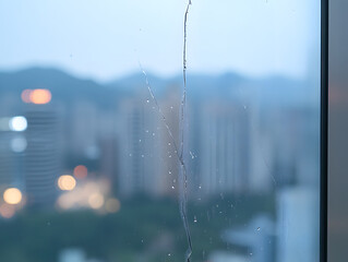 Cracked glass window with water droplets and blurred cityscape background during dusk, showing urban buildings and soft light bokeh effects in calm atmosphere
