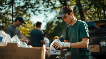 Young volunteer wearing gloves sorting cardboard and recyclable materials outdoors with teamwork focused environmental cleanup and recycling efforts - Powered by Adobe