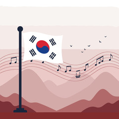 displays the flag of South Korea, featuring a central yin-yang-like symbol (called Taeguk) in red and blue, surrounded by four black trigrams on each corner. It is set against a clear blue sky and flu