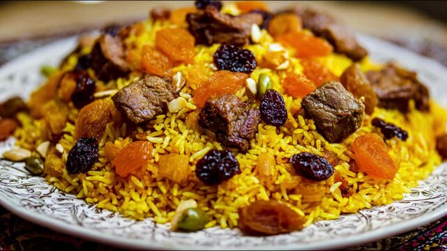 Close up of kabuli palaw dish with rice meat dried fruit and nuts on a decorative plate view