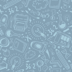 Education doodle seamless pattern. Science line hand drawn elements - mathematics formula, chemistry molecule, dna, graph, scientific experiment vector repeated background