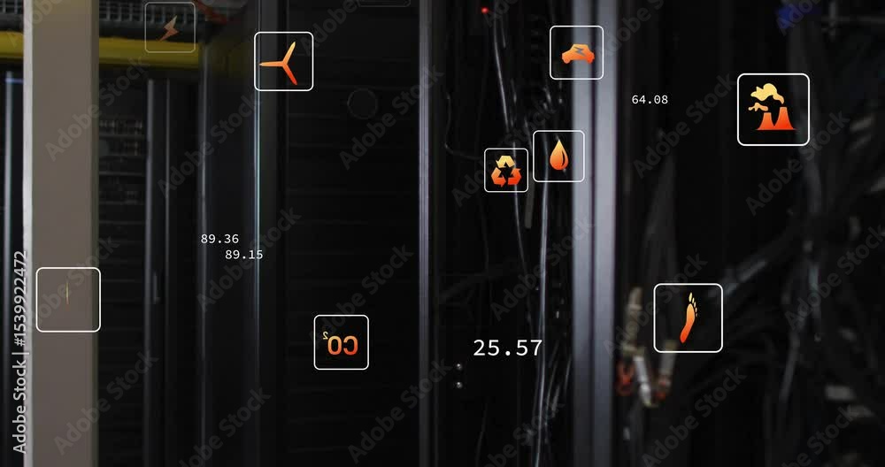 Poster starting rack view, plug and flame appearing, icons clustering, fading while showing metrics