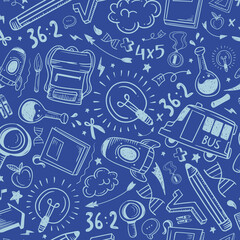 Education doodle seamless pattern. Science line hand drawn elements - mathematics formula, chemistry molecule, dna, graph, scientific experiment vector repeated background