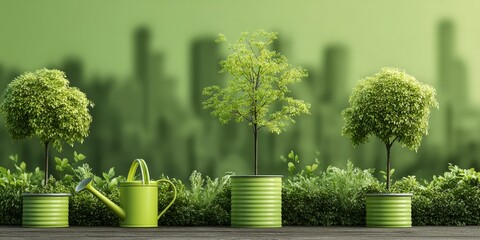 Fototapeta premium Lush Green Rooftop Garden with Potted Trees in Urban Setting, Perfect for Eco-Friendly Living Spaces
