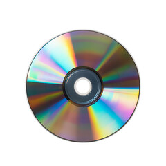 A close up studio shot of a shiny cd optical disc reflecting rainbow colors on a black background.