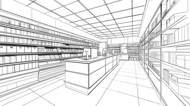 Interior sketch of a retail grocery store.