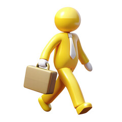 3d yellow businessman walking with briefcase isolated on transparent background