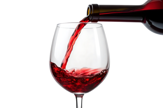 Red wine pouring into glass isolated on transparent background