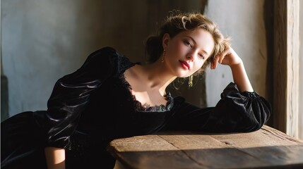 Model in elegant black dress poses gracefully by rustic wooden table in soft natural light