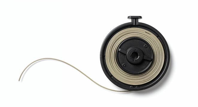 Chalk line reel isolated on white background, unwound marking tool,photorealistic top-down technical - Powered by Adobe