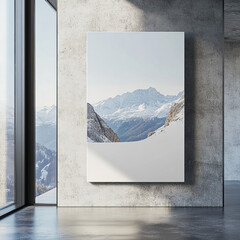 Snow covered mountain artwork in modern concrete interior design space