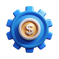 3d realistic blue gear with gold dollar coin isolated on transparent background