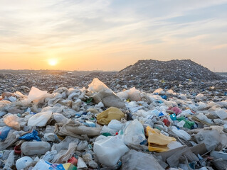 Landfill with plastic waste and garbage heaps under cloudy sky at sunset, showing environmental pollution and waste accumulation in large open area