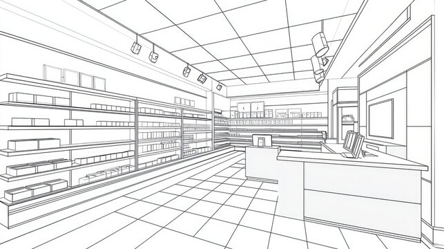 Interior design of a modern convenience store, outlined in technical drawings.