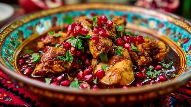 Close up of a dish with chicken and pomegranate seeds in a decorative bowl on a patterned tablecloth