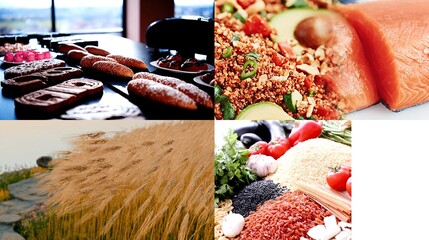 Food collage featuring baked goods, salmon, grain field, and vegetables