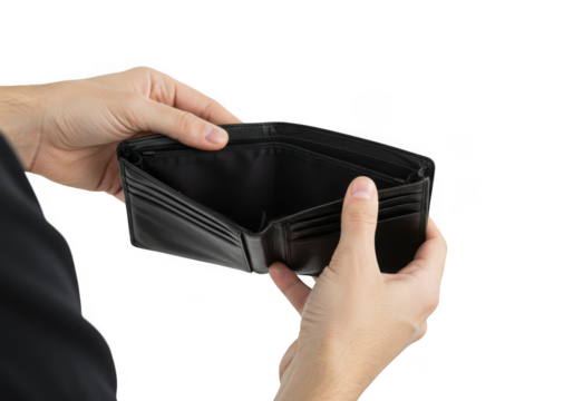 Empty wallet held in hands isolated on transparent background - Powered by Adobe