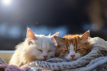Pair of Cats Resting on Knitted Fabric in Cozy Warm Sunlight