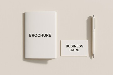 Brochure, business card, and pen on beige background. Branding stationery mockup for corporate identity design presentation