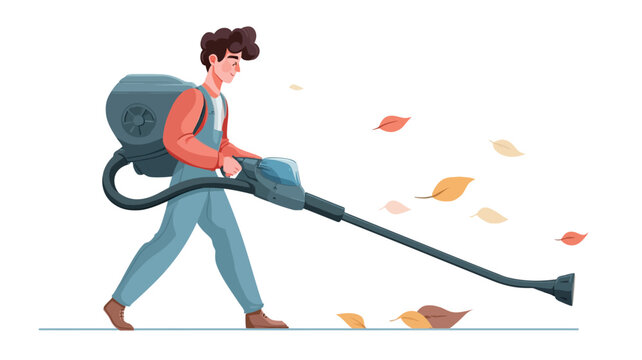 Illustration of a man with brown hair wearing a red jacket and blue pants using a backpack leaf blower.  The leaf blower is dark gray and has a long nozzle.  Yellow and orange leaves are being
