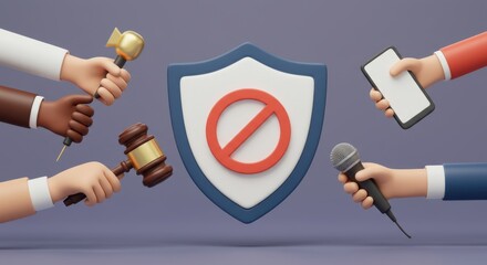 Digital Censorship and Free Speech Restrictions: A 3D Render Depicting the Conflict Between Media, Law, and Public Access