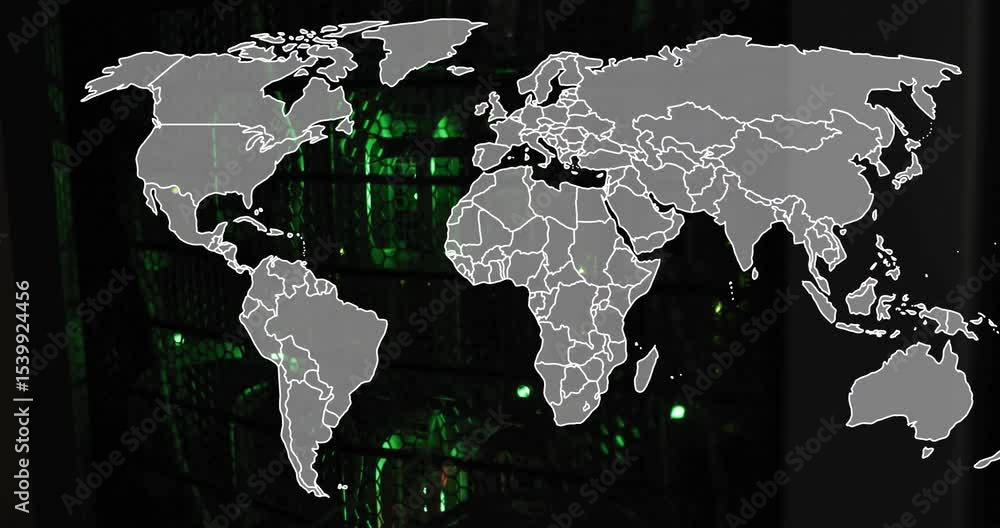 Poster showing americas outline, expanding grey map overlay over blinking server leds for data display