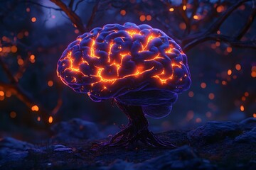 Obraz premium Glowing Brain Tree 3 D Render Dark Background Orange and Purple Hues Mystical Atmosphere 3D render